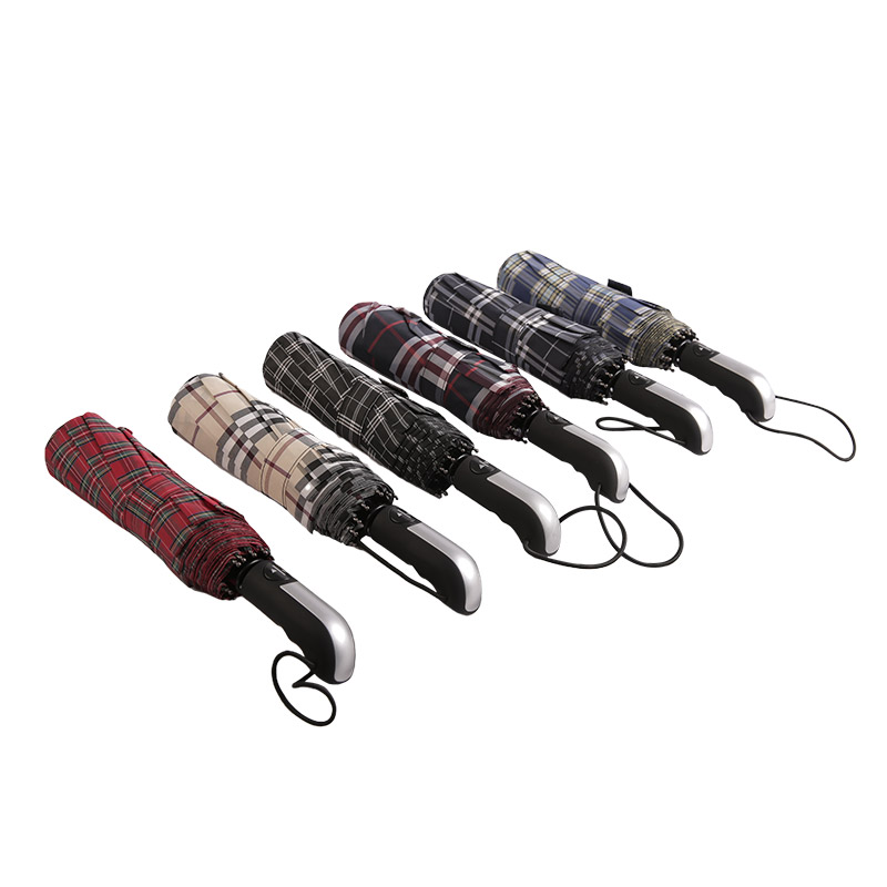 Pongee Kotak-kotak Berjalur Gelap Payung tiga kali ganda-0E6B0533